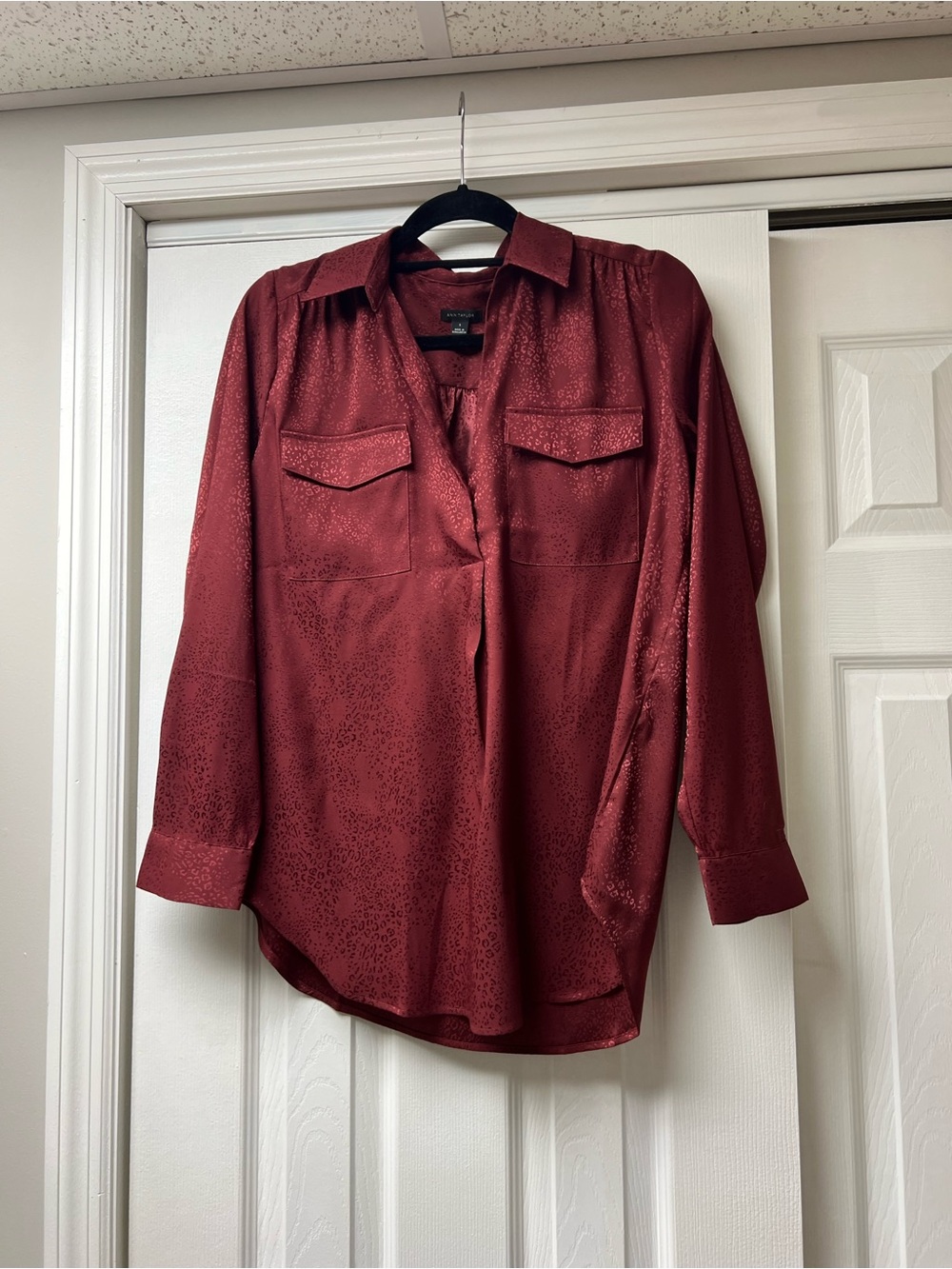 Ann Taylor Burgundy Satin Button-Front Blouse